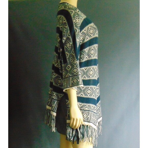 Velvet by Graham & Spencer Navy White Cotton Linen Fringed Open Kimono Jacket M - Picture 4 of 9